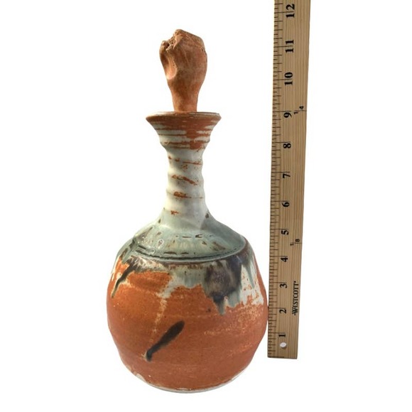 Brutalist Decanter Studio Art Pottery Sanded Slip Glaze Hand Formed Stopper - Picture 9 of 10
